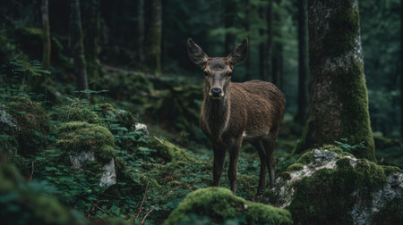 This image captures a deer standing peacefully in a lush forest, surrounded by moss-covered rocks and tall trees, showcasing the harmony of wildlife in nature.の素材