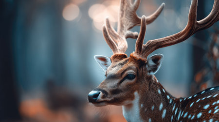A stunning, close-up portrait of a deer showcasing its antlers in a tranquil forest setting. The soft lighting and blurred background create a serene atmosphere.の素材