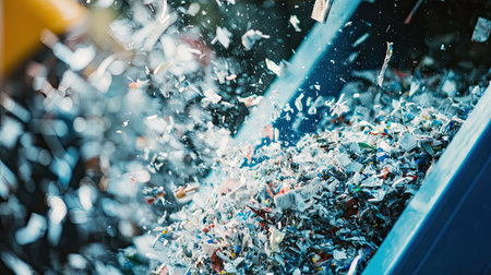 The image captures the dynamic shredding process of paper waste in a recycling facility, showcasing the importance of sustainable waste management practices and technology.の素材