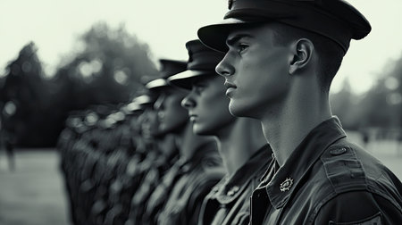 A group of soldiers in uniform standing in perfect formation during a military ceremony, showcasing discipline, honor, and commitment to service in a powerful display.の素材
