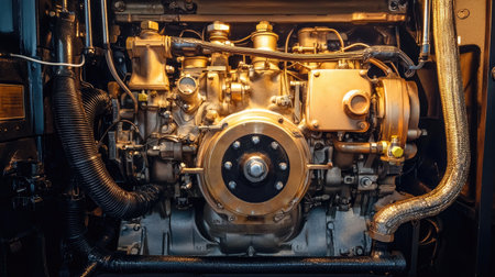 Detailed close-up view of an industrial engine showcasing various components and features. Ideal for projects related to machinery, technology, and automotive industries.の素材