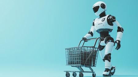 A futuristic robot shopping with a cart illustrates concepts of technology and automation. This image highlights the blend of innovation and retail in a modern environment.の素材