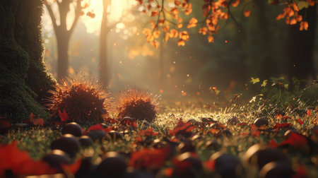 Capture the essence of autumn with this enchanting forest scene, showcasing colorful leaves, chestnuts on the ground, and warm sunlight filtering through trees.の素材