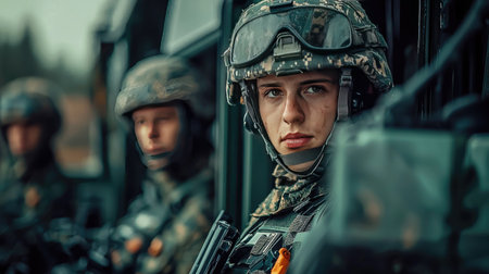 Captivating image of a soldier in combat gear showcasing focus and readiness, standing alongside team members in a military environment, symbolizing strength and teamwork.の素材