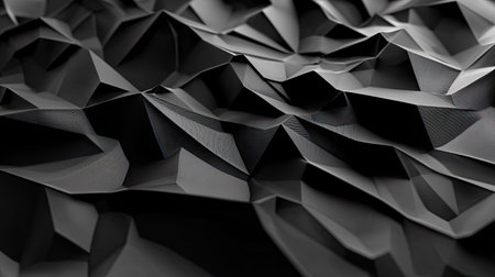 This image features an abstract black surface with intricate geometric shapes creating depth and dramatic shadows, perfect for modern design projects.の素材