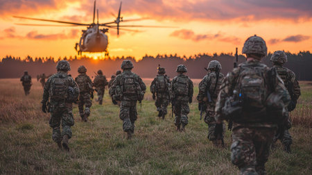 A group of soldiers advances toward a flying helicopter at sunset, showcasing teamwork and determination during military training exercises in a vibrant landscape.の素材