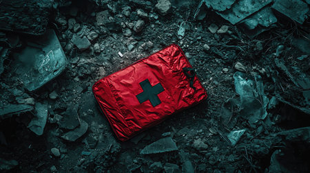 A striking image of a red first aid kit resting on rubble and debris. This visual emphasizes the importance of emergency preparedness and health safety in challenging environments.の素材