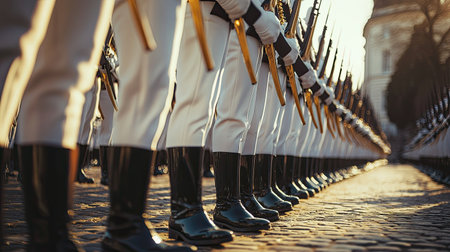 A captivating image of soldiers in uniform with rifles standing in precise formation during sunset, evoking feelings of discipline, honor, and military tradition.の素材