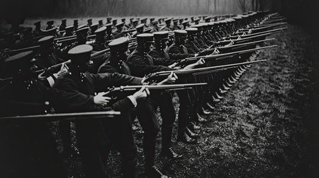 A striking black and white image depicting a historical military formation. Soldiers stand in precise alignment, showcasing discipline and training with rifles.の素材