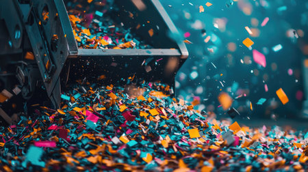 A vibrant burst of colorful confetti spills from a machine, creating a dynamic scene filled with scattered particles. The playful air enhances festive moods.の素材