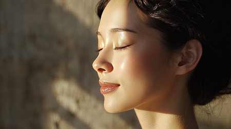 A serene portrait of a woman with closed eyes, basking in natural light, showcasing beauty and tranquility. An inviting image that exudes peace and relaxation.の素材