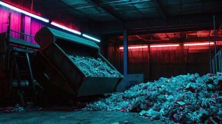 A striking interior of a waste facility featuring an industrial dumpster and heaps of trash, illuminated by vibrant neon lights, showcasing urban waste management challenges.の素材