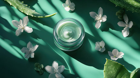 A beautifully arranged green cream sits in glass jar, encircled by delicate white flowers and vibrant leaves, creating a tranquil and fresh feeling.の素材