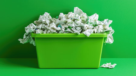 A bright green trash bin overflows with crumpled paper, set against a matching vibrant backdrop. This image captures themes of waste management and organization.の素材