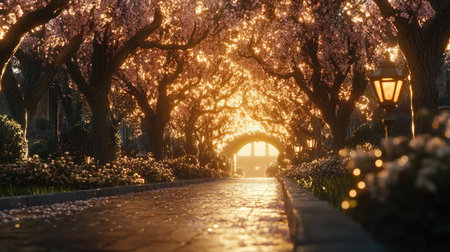 A serene pathway beneath blooming cherry blossom trees, illuminated by soft golden light. Perfect for nature lovers and tranquil settings, evoking peace.の素材