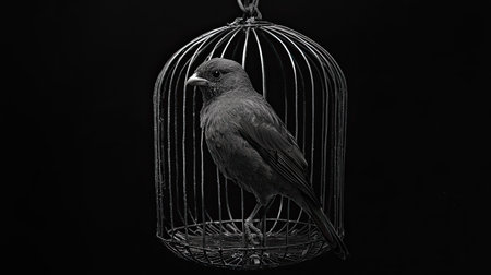 This artistic black and white photograph features a bird perched inside a cage, evoking themes of freedom and confinement. The striking contrast highlights the struggle and beauty of nature.の素材