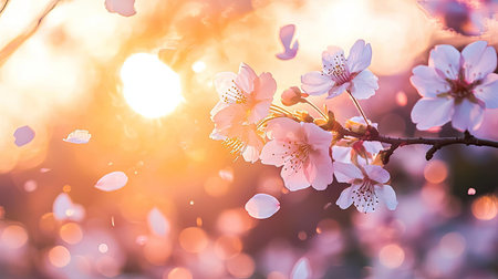 A stunning cherry blossom branch adorned with soft pink flowers and gently falling petals. The warm sunset creates an ethereal glow, enhancing the tranquil atmosphere of nature's beauty.の素材