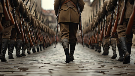 A group of soldiers marches in tight formation along a cobblestone street, showcasing discipline and historic military tradition. The scene evokes a sense of bravery and unity.の素材