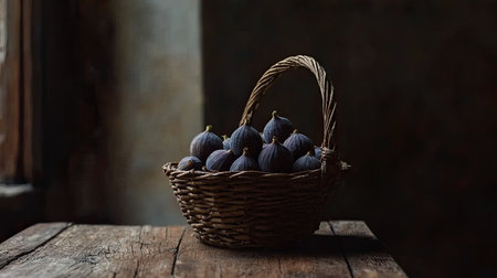 This image captures a beautifully arranged basket of fresh figs on a rustic wooden table, illuminated by soft natural light. The dark background enhances the richness of the figs, making it an ideal image for culinary and home decor themes.の素材