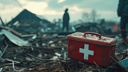 A red first aid kit rests in a debris-strewn area, highlighting the urgency of medical supplies in disaster situations. Essential for rescue operations and recovery efforts.の素材