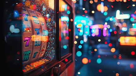 A captivating view of a glowing slot machine amid vibrant neon lights in a bustling casino atmosphere, embodying excitement and nightlife energy.の素材