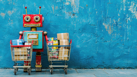A vibrant robot character stands with shopping carts full of packages against a textured blue wall, showcasing a fun blend of creativity and technology.の素材