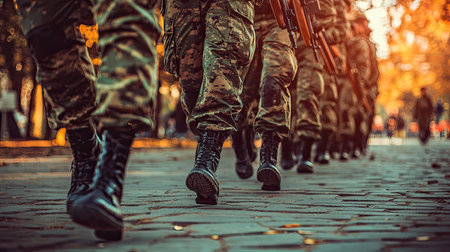 A group of soldiers marching in formation on a paved surface during autumn, showcasing discipline and teamwork amidst warm sunlight and fallen leaves.の素材