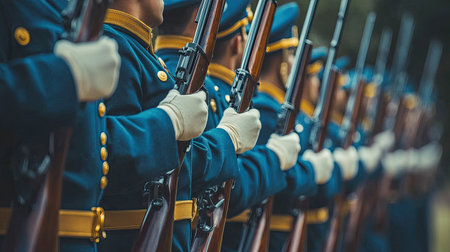 A group of soldiers in formal uniforms stands in line, holding rifles at attention. The image captures the essence of military discipline and camaraderie during a ceremonial event.の素材