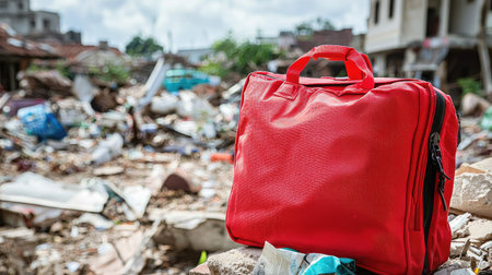 A vibrant red bag rests atop a pile of debris and trash in an urban wasteland. The scene highlights the environmental challenges and neglect in city landscapes.の素材