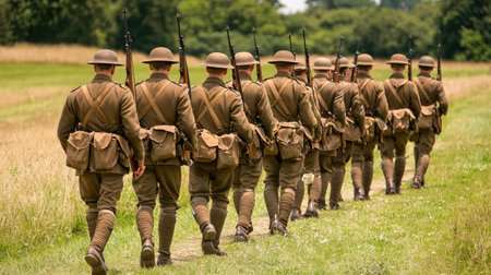 A group of soldiers dressed in historical military uniforms march in formation along a scenic field pathway, symbolizing discipline and teamwork.の素材