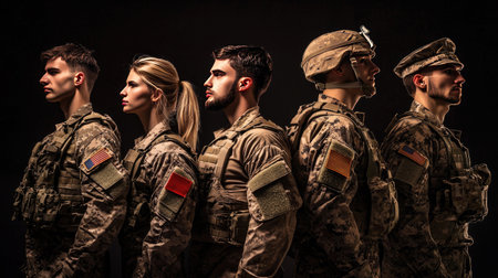 A striking image showcasing soldiers in uniform, highlighting diversity and unity. This powerful visual represents different backgrounds and cultures standing together in military service.の素材