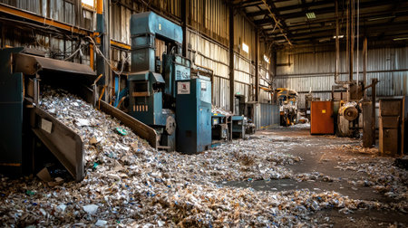 An industrial recycling facility filled with paper waste and processing machinery, showcasing the importance of sustainable practices and waste management in an urban environment.の素材