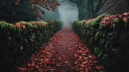A serene pathway lined with stone walls and vibrant autumn leaves under a misty fog. The tranquil scene captures nature's beauty during the fall season.の素材