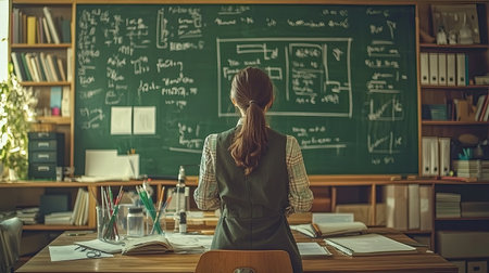 A student stands in a classroom, engaged in analyzing complex mathematical equations written on a chalkboard, surrounded by books and supplies.の素材