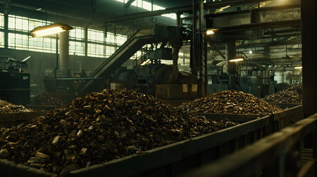 A dimly lit industrial recycling facility showcasing large piles of processed scrap material and advanced machinery for efficient waste handling and resource recovery.の素材