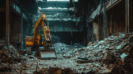 An excavator operates in an abandoned warehouse overflowing with debris and rubble. The scene captures the industrial environment of heavy machinery engaged in demolition and cleanup tasks.の素材