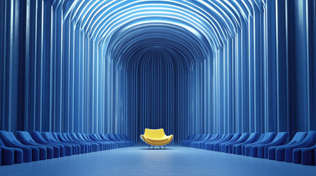 This image features a modern minimalist interior showcasing a yellow chair in a futuristic blue space. The unique arching walls and atmospheric lighting create a striking visual, making it ideal for design inspiration.の素材