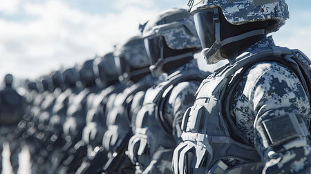 Group of military personnel in tactical uniforms standing in formation under a cloudy sky. The scene captures themes of teamwork, discipline, and readiness for operations.の素材