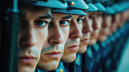 This close-up image captures the intense focus and discipline of uniformed personnel standing in precise formation during an important ceremony, highlighting their commitment and professionalism.の素材