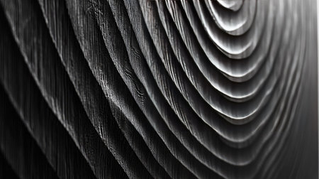 Close-up view of artistic wood grain texture featuring smooth curves and soft shadows. The monochrome aesthetic highlights the natural beauty of the surface.の素材