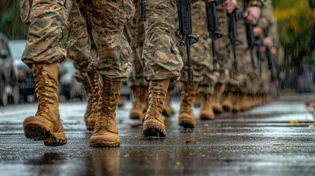 This image captures a group of soldiers marching in formation on a rainy day, showcasing their tactical gear and commitment to service. The wet pavement reflects their disciplined approach and teamwork.の素材