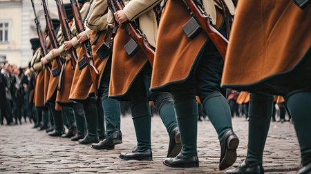 Soldiers in historical uniforms march in unison during a parade, showcasing their heritage and dedication. The cobblestone street adds to the ceremony's historic charm.の素材