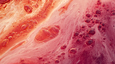 Explore a stunning abstract background featuring vibrant red hues, bubbles, and delicate swirls. Perfect for design projects or artistic inspiration.の素材