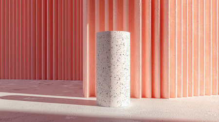 This image features a smooth white cylinder set against a textured pink wall and floor. The minimalistic design creates a striking visual contrast, highlighting modern aesthetics.の素材