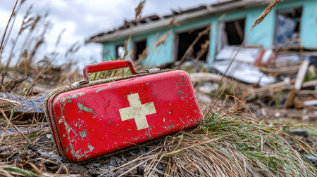 A weathered first aid kit rests in a neglected landscape, contrasting with a ruined building in the background, emphasizing a story of survival and loss.の素材