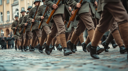 A group of soldiers dressed in historic uniforms marches in formation along a cobblestone street during a ceremonial parade, showcasing discipline and honor.の素材
