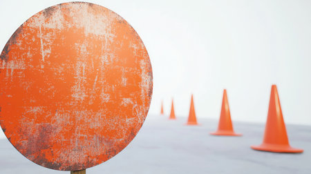 A weathered orange circular sign stands prominently in front of a row of traffic cones. The minimalist design emphasizes the empty urban environment, highlighting industrial elements.の素材