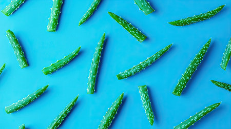 A vibrant arrangement of fresh aloe vera leaves on a bright blue background, perfect for wellness and beauty themes. Capture the essence of nature.の素材