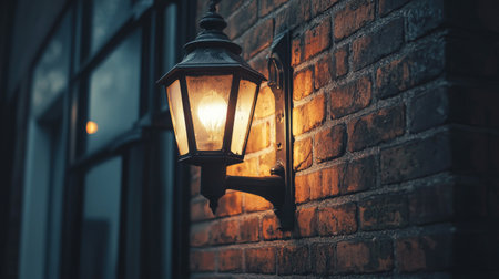 A beautifully styled vintage lantern casts a warm glow against a rustic brick wall, creating a cozy atmosphere for evening settings. Perfect for ambiance.の素材