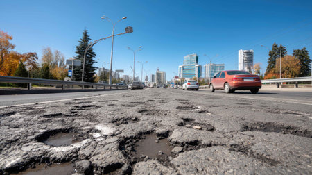 A close-up view of a damaged urban road with potholes and cracks, showcasing the challenges of infrastructure. The clear blue sky enhances the city's modern skyline in the background.の素材